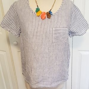 Christian Siriano, 100% Linen, blue/ white stripe, 1 pocket shirt,